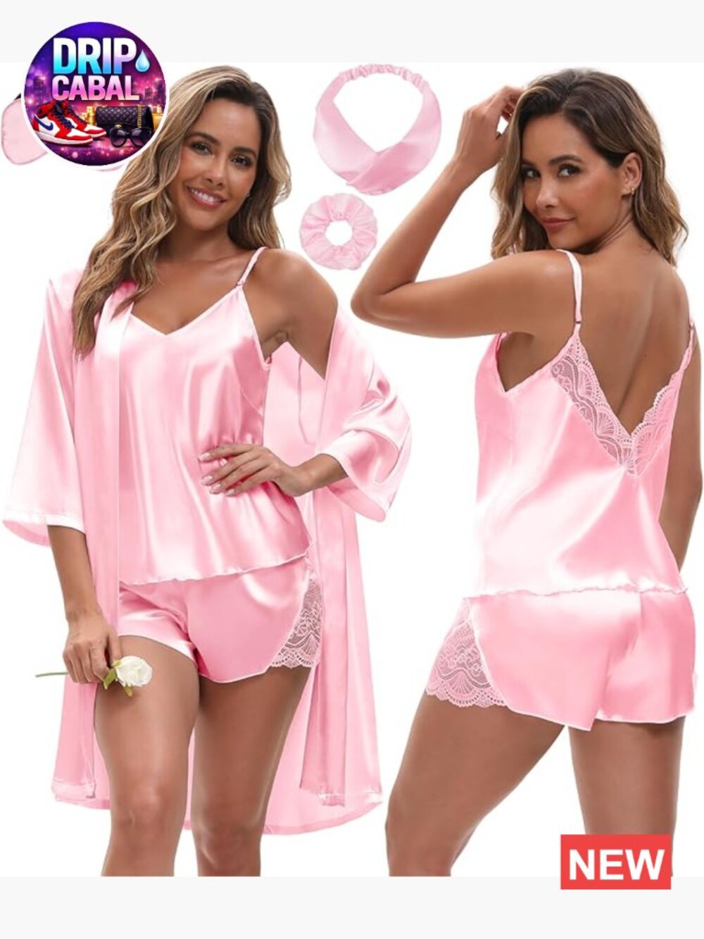 3-Piece Silk Satin Pajama Set with Robe and Lace Trim